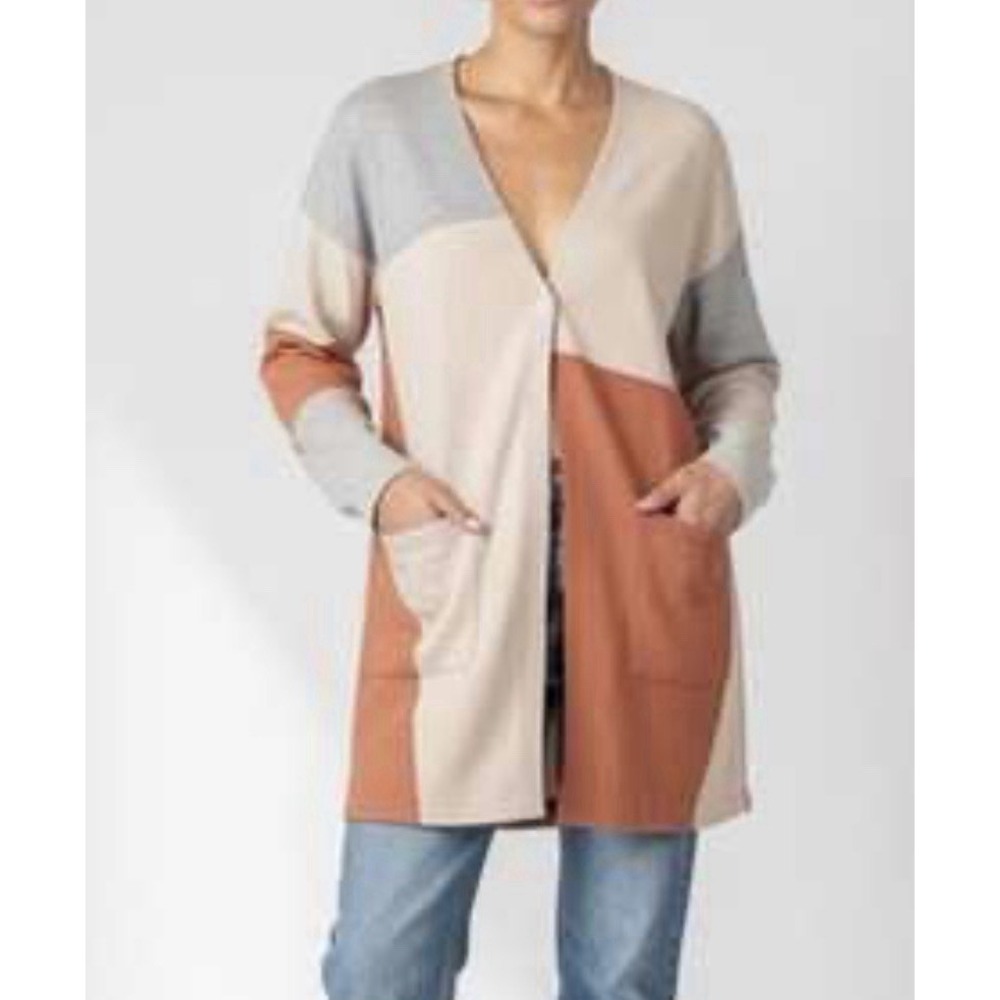 J. Jill Colorblock One Button Cardigan Longline S Sweater Preppy Soft Pockets